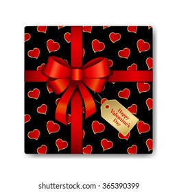 Top View Gift Box with Red Ribbon and Hearts Pattern. Red Heart with Gold Texture on a Present Box Icon.Valentine's Day, Wedding, Marriage, Love Greeting Card.Golden Sale Tag, Label.