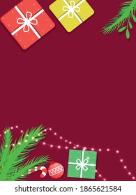 Top View Of Gift Boxes, Bauble, Candy Cane, Fir Leaves And Lighting Garland On Dark Pink Background With Space For Text.