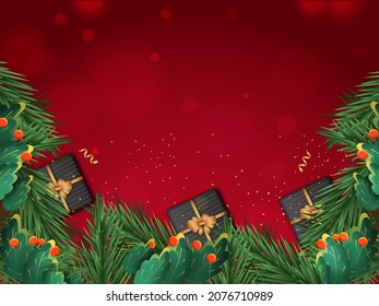 Top View Of Gift Boxes With Berries, Green Leaves Decorated Red Bokeh Background And Copy Space.