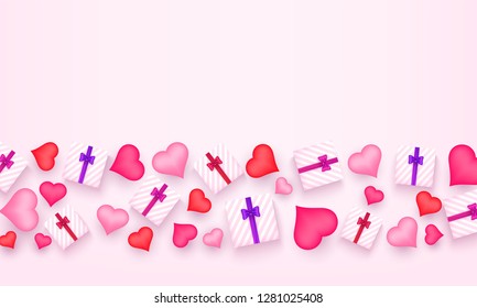 Top view of gift boxes and heart shapes decorated on pink background for Valentine's Day poster or greeting card design.