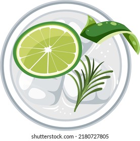 Top view of gin and tonic cocktail glass illustration