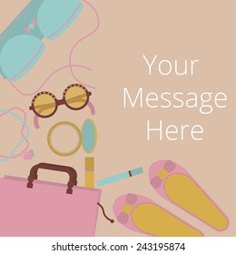 Top view of girl accessories elements on pink desk in flat design