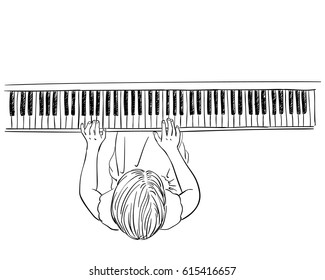 Top view of a girl playing on piano, Hand drawn line art vector illustration