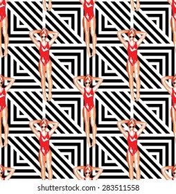 Top view of girl in red swimsuit watercolor pattern, black and white geometric background 