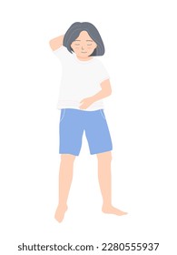 Top view of a girl smilling and napping on the floor, flat vector illustration.