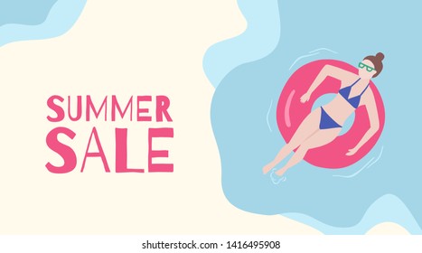 Top view of girl swimming on the inflatable big circle in the ocean. Vector illustration. Summer sale vector template banner