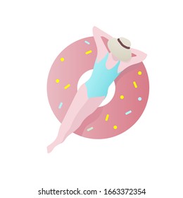 Top view of girl swimming on the inflatable big circle in the ocean. Vector illustration. Summer sale vector