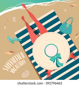 Top view of a girl in wide-brimmed hat sitting on a striped beach mat by the sea - Summer vacation concept. Vector illustration