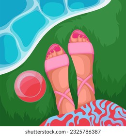 Top view of girls feet in sandals with straps vector illustration. Cartoon look down selfie of legs of lady standing on green grass of park or garden, woman walking in dress and summer shoes on feet