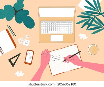 Top view of the girl's hands doing homework in a notebook at the table in front of a laptop. Flat vector illustration of education