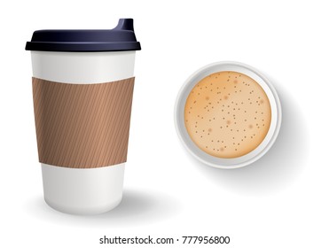 Top View Of To Go Paper Coffee Cup. Realistic Vector Composition. Takeaway Cup With Lid And Protective Ripple Sleeve Isolated On The White Background.