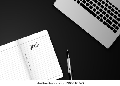 Top view goals list with notebook and laptops. vector illustration