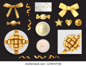 Top view gold objects set on black background. Luxury elements for greeting and birthday cards, wedding invitation, gift voucher and covers.