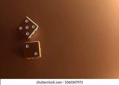 Top view of golden dice. Casino dice on gold background. Top view casino dice concept with place for text.