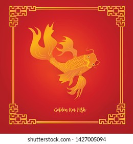 Top view Golden fish on red background.Chinese vector paper craft style