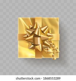 Top view golden foil gift box with gold bow and ribbon. Happy New Year, Christmas illustration for postcard, banner, decor, design, arts on transparent background.
