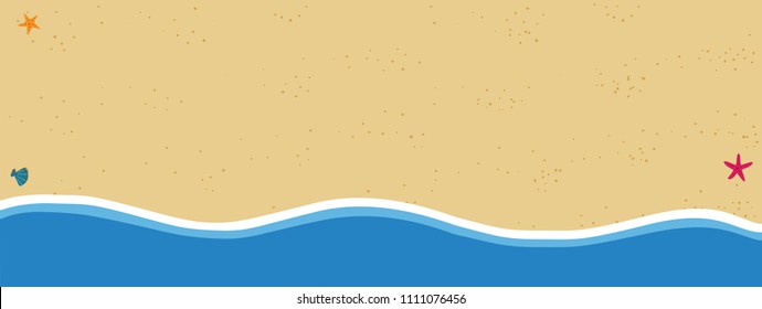 Top view of golden sandy beach with yellow sand, shells and starfish in flat icon design. Seaside background or border frame for summer greeting card, poster, invitation. Vector illustration, template