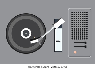 Top view of gramophone from 70s parts. Vinyl, needle, sound holes and volume buttons.