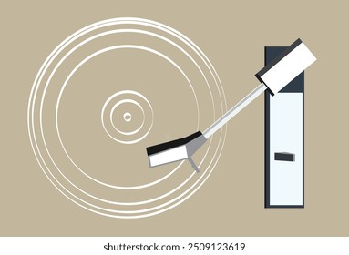 Top view of gramophone needle and line sketch of vinyl on brown background