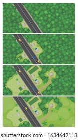 Top view graph shows in 4 steps how to start populating and deforesting an area in the middle of the jungle where a road was built. Vector image