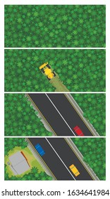 Top view graphic shows in 4 steps how a forest is deforested to build a road. Vector image