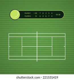 Top view of grass tennis court. Tennis scoreboard with results of match. Vector illustration, eps 10.