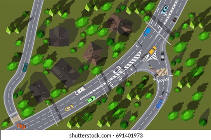 Top view great highway passing through a small town