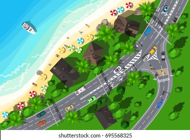 Top view great highway passing through a small town on seaside