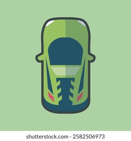 top view green car with outline flat vector design.