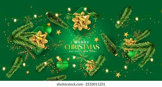 Top view green Christmas and Happy New Year holiday web banner design template with gift box, ribbon, lights isolated, tree branch, and light effect. Merry Christmas holiday background vector. 
