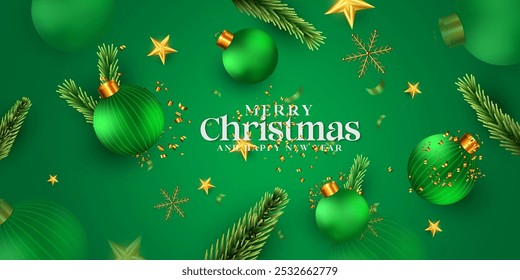 Diseño de fondo de Navidad de color verde de vista superior con caja de regalo, bola, nieve, rama de árbol y estrella. Diseño de póster para Navidad. Navidades realistas de color verde y diseño de tarjeta de invitación de vacaciones de año Nuevo.