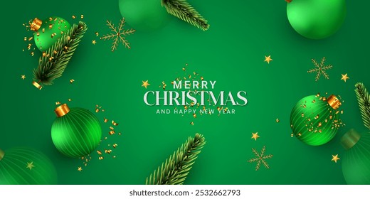 Diseño de fondo de Navidad de color verde de vista superior con caja de regalo, bola, nieve, rama de árbol y estrella. Diseño de póster para Navidad. Navidades realistas de color verde y diseño de tarjeta de invitación de vacaciones de año Nuevo.