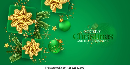 Diseño de fondo de Navidad de color verde de vista superior con caja de regalo, bola, nieve, rama de árbol y estrella. Diseño de póster para Navidad. Navidades realistas de color verde y diseño de tarjeta de invitación de vacaciones de año Nuevo.