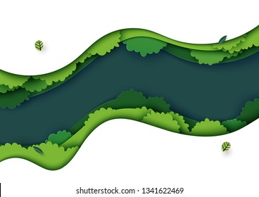 Top view of green forest canopy background.Nature and environment conservation creative idea concept of paper art style.Vector illustration.