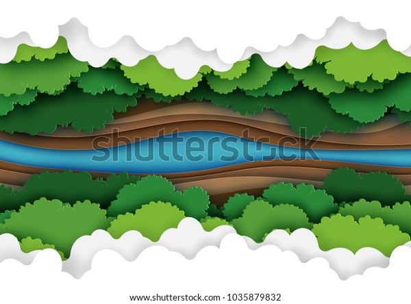 緑の森の林冠 川 雲の背景 の上面図 自然と環境保全のクリエイティブアイデア 紙のアートスタイルのコンセプト ベクターイラスト のベクター画像素材 ロイヤリティフリー