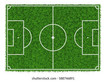 Top view of green grass soccer field, vector illustration.