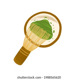 Vista superior del polvo de té matcha verde en tazón con bigote de bambú. Ingrediente orgánico natural japonés. Supercomida saludable vegana. Ilustración vectorial plana del producto asiático aislado en fondo blanco