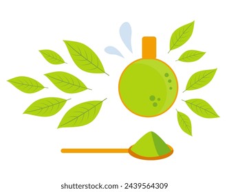 vista superior de té verde matcha en una taza, té de hierbas, taza de té de bebida caliente. Ilustración vectorial de taza con hojas de té verde y cuchara con polvo de matcha. Ilustración vectorial plana.	