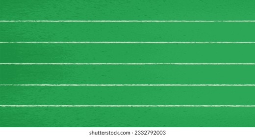 Top view of a green running track, divided by horizontal markings into lanes. Textured stadium cover. Background for design on the theme of sports competitions and marathons. Vector illustration.