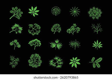 Vista superior árvores verdes e plantas tropicais vetor conjunto. Ideal para plantas de jardim, desenhos de arquitetura, mapas de paisagem e elementos de design floral de primavera. Perfeito para projetos ecológicos e botânicos.