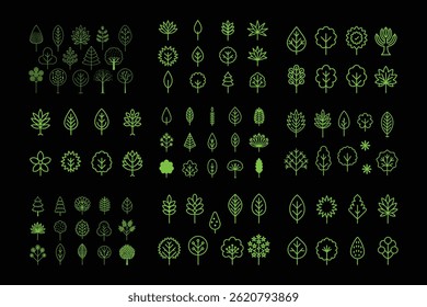 Vista superior árvores verdes e plantas tropicais vetor conjunto. Ideal para plantas de jardim, desenhos de arquitetura, mapas de paisagem e elementos de design floral de primavera. Perfeito para projetos ecológicos e botânicos.