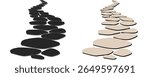 Top view of a grey stone path among. winding stone path. on black, gray and white background.