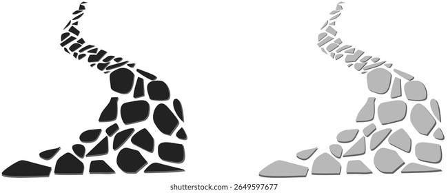 Top view of a grey stone path among. winding stone path. on black, gray and white background.