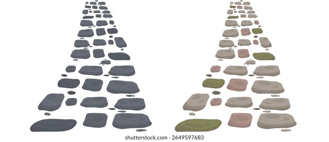 Top view of a grey stone path among. winding stone path. on black, gray and white background.
