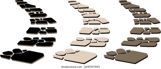 Top view of a grey stone path among. winding stone path. on black, gray and white background.