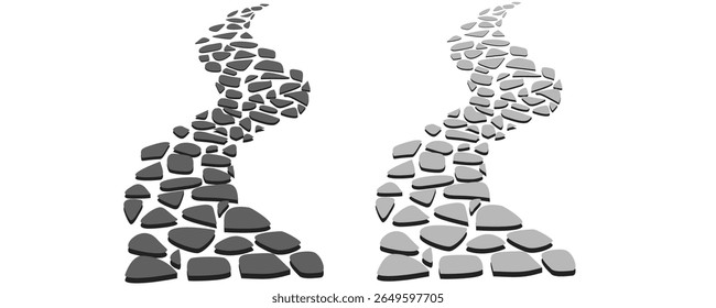 Top view of a grey stone path among. winding stone path. on black, gray and white background.