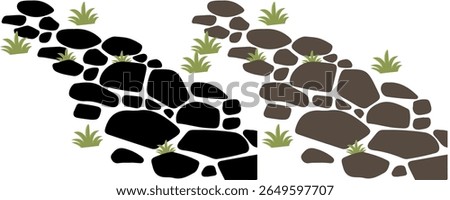 Top view of a grey stone path among. winding stone path. on black, gray and white background.