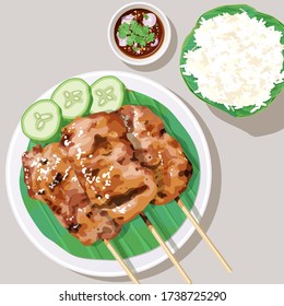 Top view of grilled pork with sticky rice.