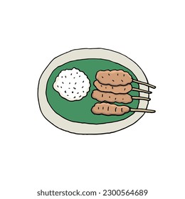 Top view of grilled pork with sticky rice,  hand drawn style vector illustration