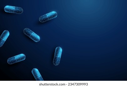 Top view of a group of abstract blue medical drug capsules. Healthcare, pharmacy concept. Low poly style design. Geometric background. Wireframe light connection structure. Modern 3d graphic. Vector.